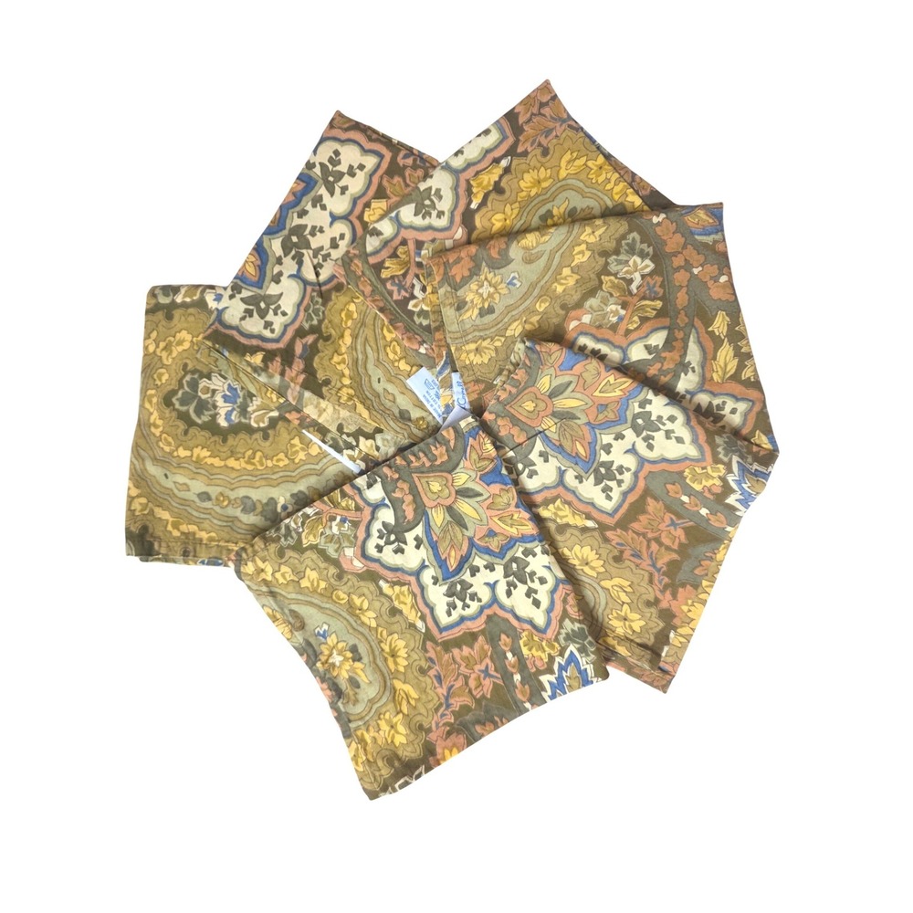 April Cornell Set of 6 Cotton Napkins VTG Cottage Paisley Floral Green Yellow - Picture 7 of 8